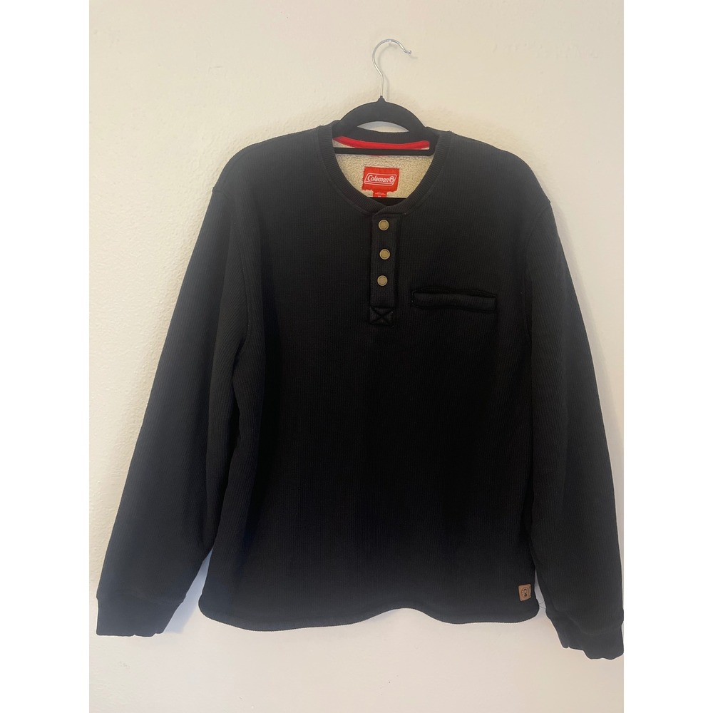 Coleman Mens XL Black Waffle Knit Sherpa Lined Button Henley Shirt